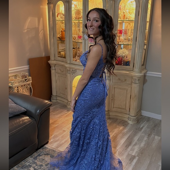 Prom Gown Sherri Hill Elegant Blue Lace Prom GownSheer on Top sides of gown